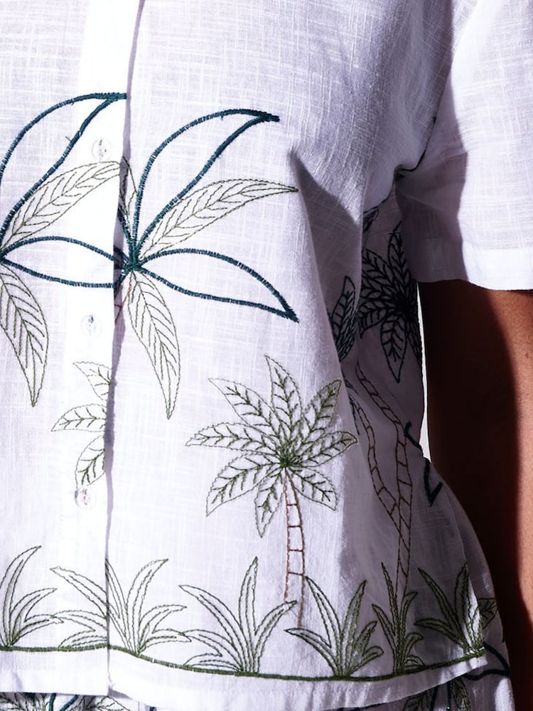 South Beach White Sequin Embroidered Palm Tree Short Sleeve Beach Shirt - Image 6 of 6 South Beach White Sequin Embroidered Palm Tree Short Sleeve Beach Shirt - Image 6 of 6