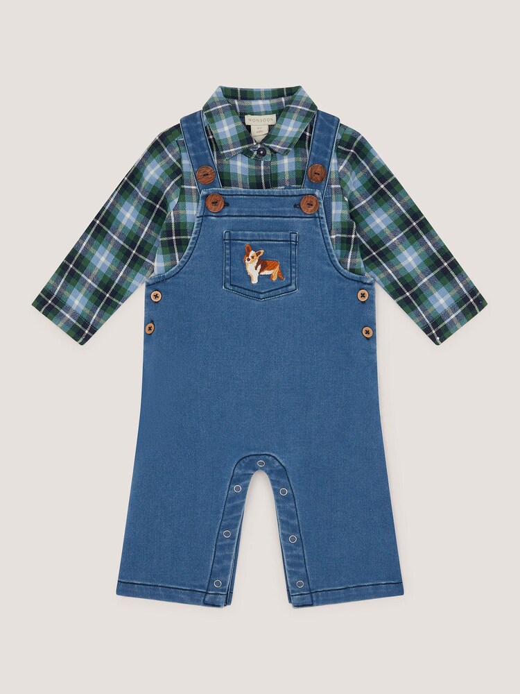 Monsoon Blue Baby Digby Denim Dungaree & Shirt Set - Image 1 of 3