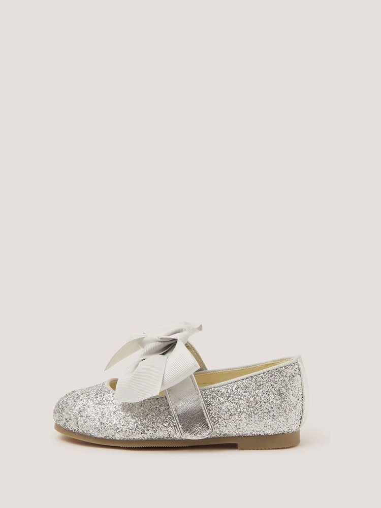 Monsoon Silver Glitter Bow Mary Jane Ballet Flats - Image 1 of 3