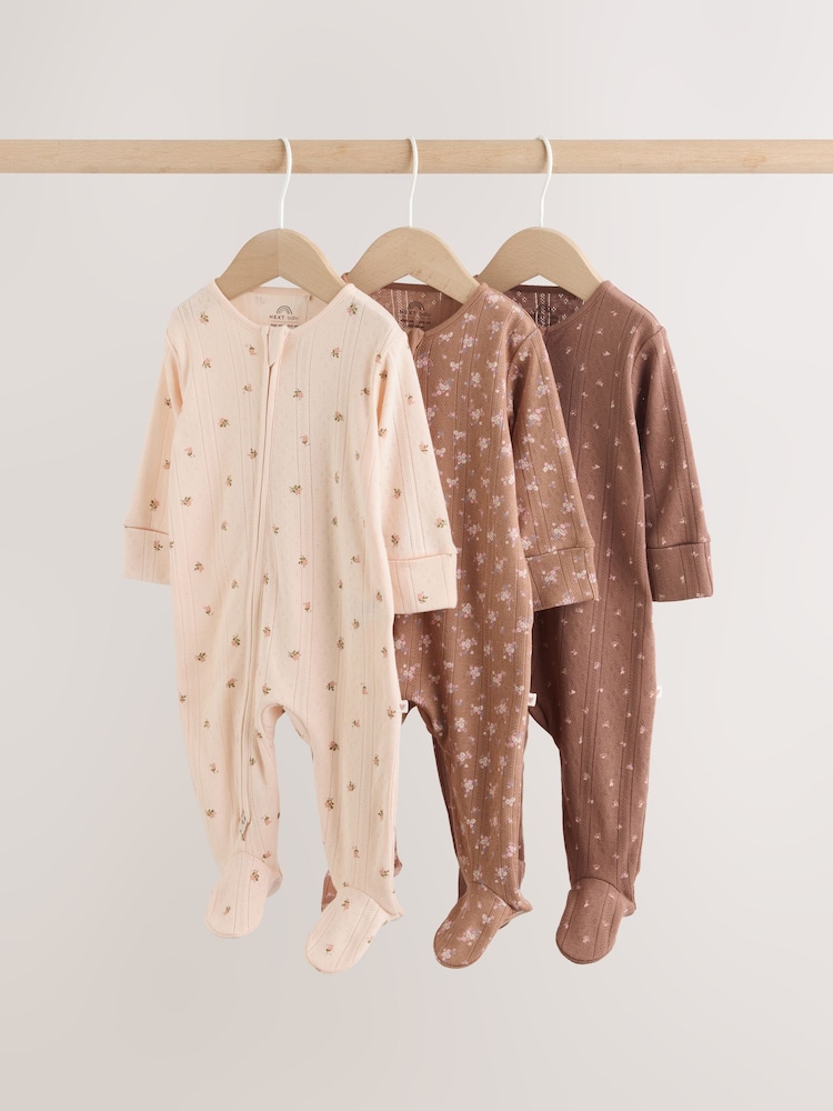 Brown Ditsy Floral 3 Pack Two Way Zip Baby Sleepsuit (0-3yrs) - Image 1 of 16