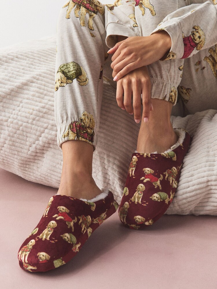 Burgundy Red Dogs Plush Mule Printed Slippers - Image 1 of 9