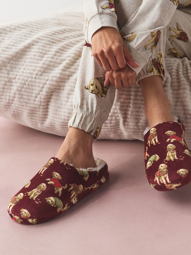 Burgundy Red Dogs Plush Mule Printed Slippers - Image 2 of 9