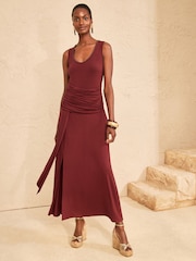Love & Roses Burgundy Red Cami Drape Waist Midi Dress - Image 1 of 5