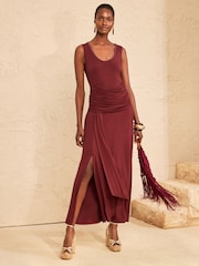 Love & Roses Burgundy Red Cami Drape Waist Midi Dress - Image 3 of 5