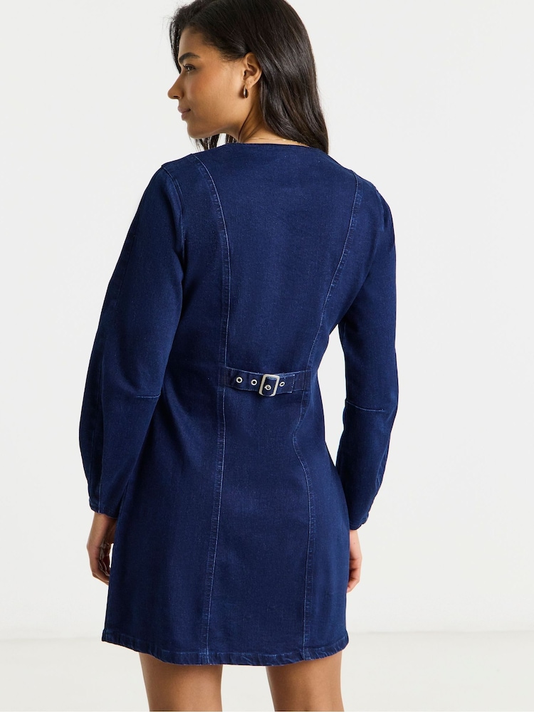 Simply Be Blue V-Neck Mini Denim Dress - Image 2 of 4