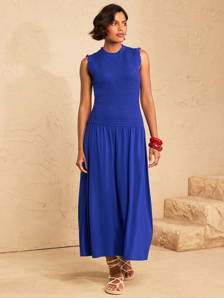 Love & Roses Cobalt Blue Shirred Drop Waist Midi Dress - Image 1 of 4