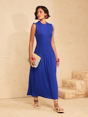 Love & Roses Cobalt Blue Shirred Drop Waist Midi Dress - Image 3 of 4