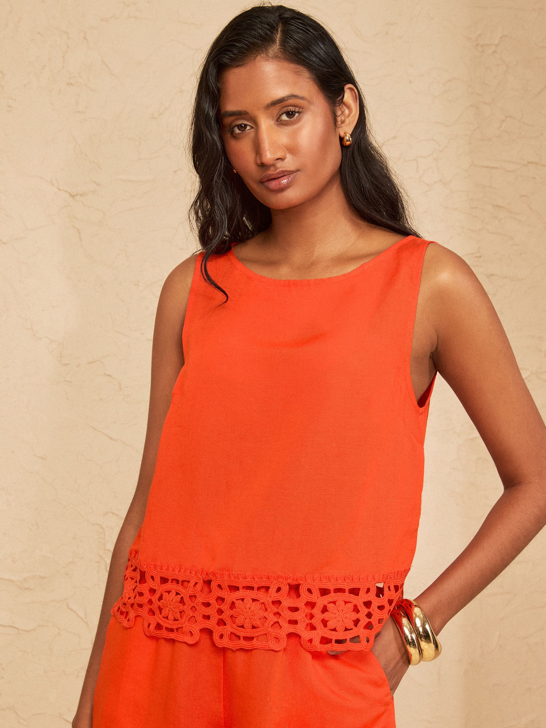 Buy Love & Roses Orange Viscose/Linen Crochet Trim Shell Top from