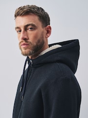Navy Blue Textured Borg Lined Zip Through Hoodie - Image 1 of 7