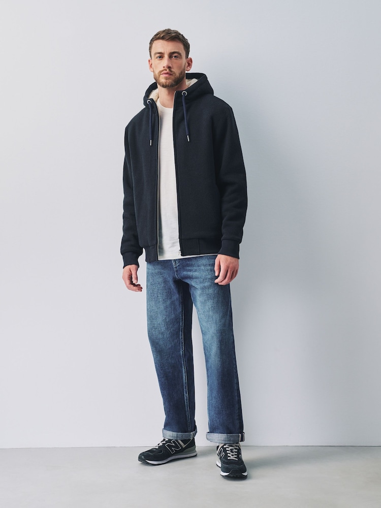 Navy Blue Textured Borg Lined Zip Through Hoodie - Image 2 of 7