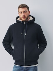 Navy Blue Textured Borg Lined Zip Through Hoodie - Image 3 of 7