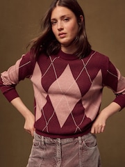 Wine/Pink Crew Neck Knit Look Jumper - Image 1 of 8