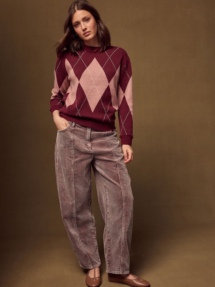 Wine/Pink Crew Neck Knit Look Jumper - Image 2 of 8 Wine/Pink Crew Neck Knit Look Jumper - Image 2 of 8