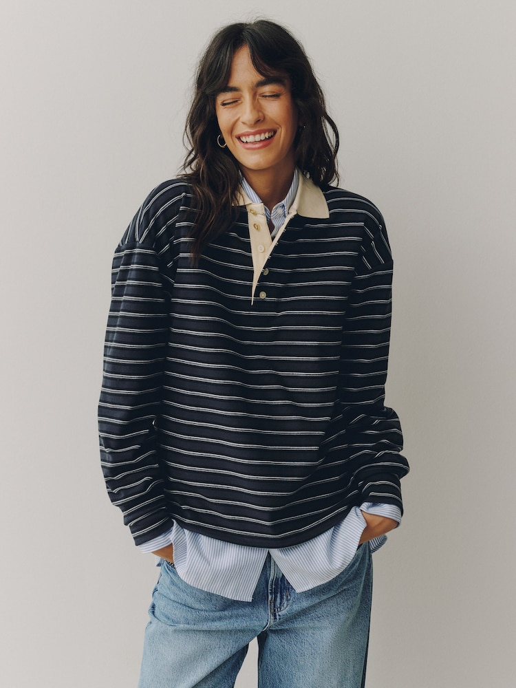 Navy Blue Velour Striped Rugby Top - Image 1 of 4 Navy Blue Velour Striped Rugby Top - Image 1 of 4