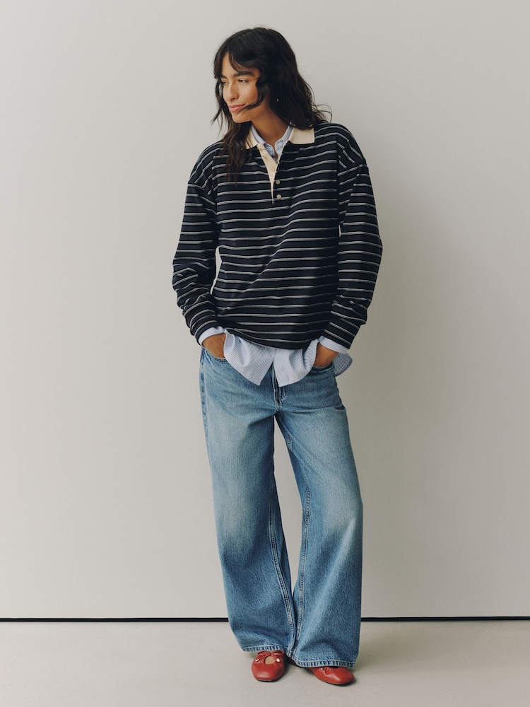 Navy Blue Velour Striped Rugby Top - Image 4 of 4 Navy Blue Velour Striped Rugby Top - Image 4 of 4