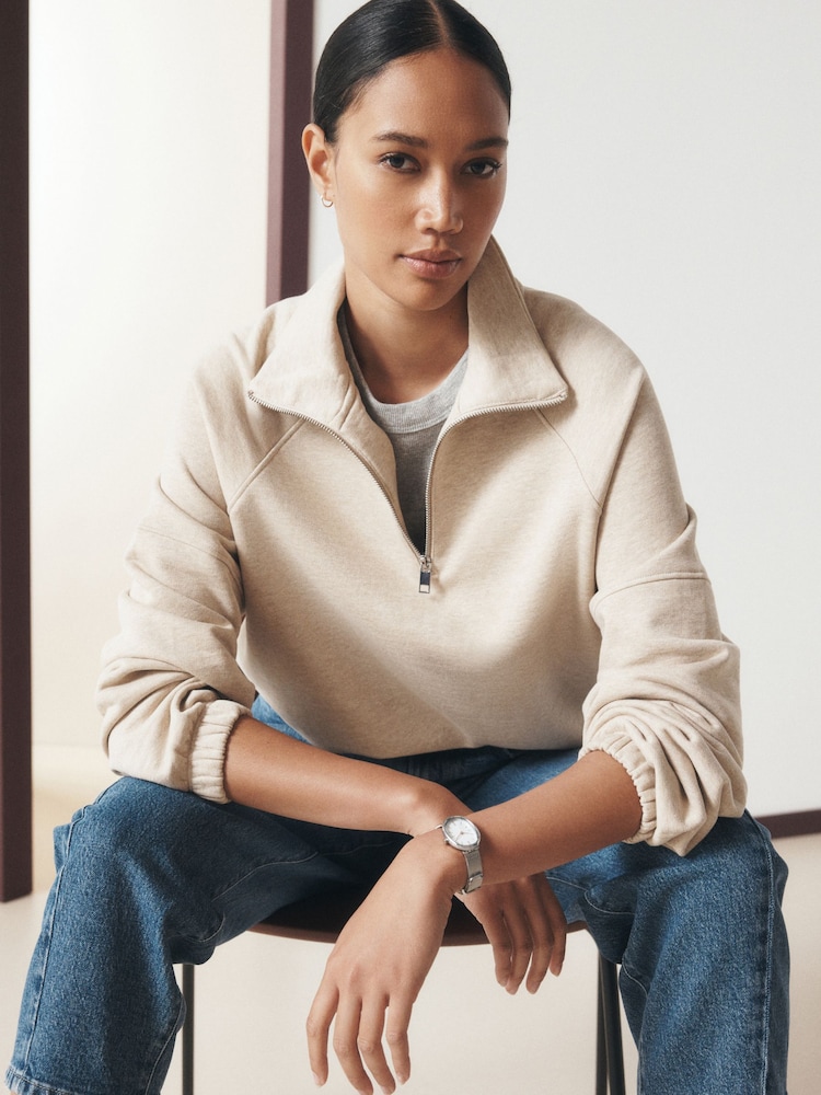Neutral Marl Quarter Zip Sweatshirt - Image 1 of 9 Neutral Marl Quarter Zip Sweatshirt - Image 1 of 9