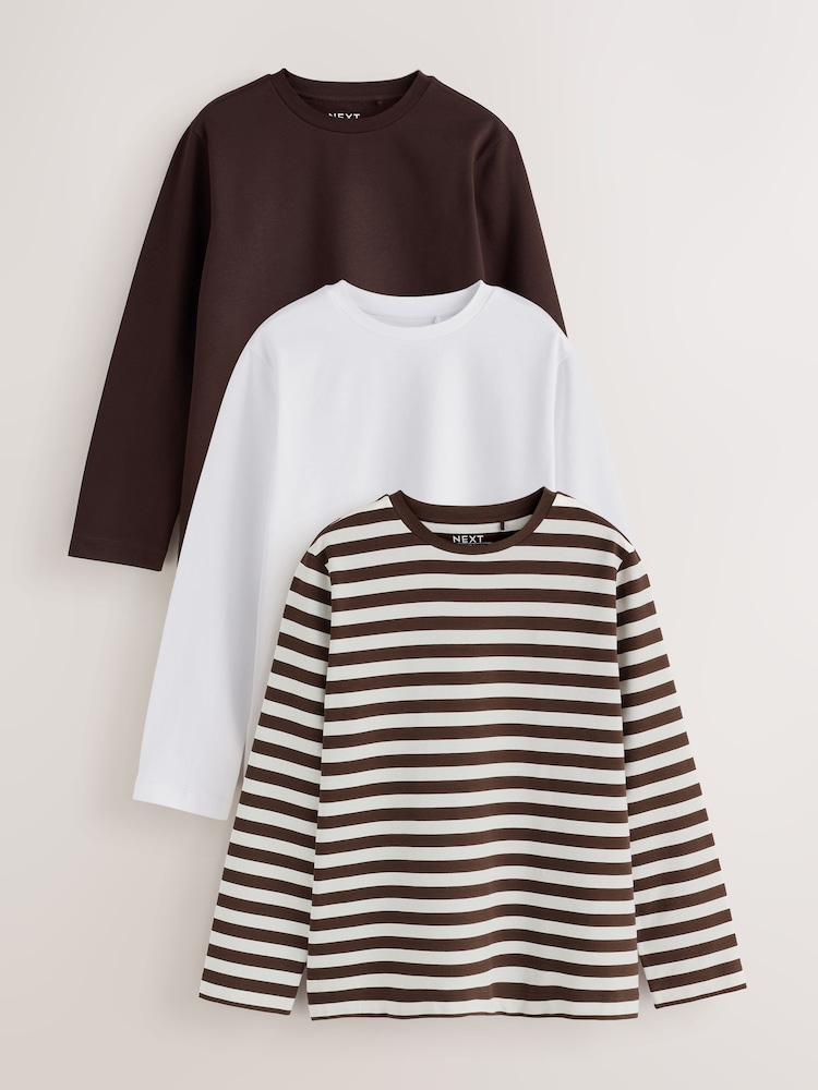 Brown/White/Stripe Long Sleeve Crew Neck Heavyweight T-Shirts 3 Pack - Image 1 of 10 Brown/White/Stripe Long Sleeve Crew Neck Heavyweight T-Shirts 3 Pack - Image 1 of 10