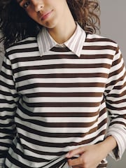 Brown/White/Stripe Long Sleeve Crew Neck Heavyweight T-Shirts 3 Pack - Image 5 of 10