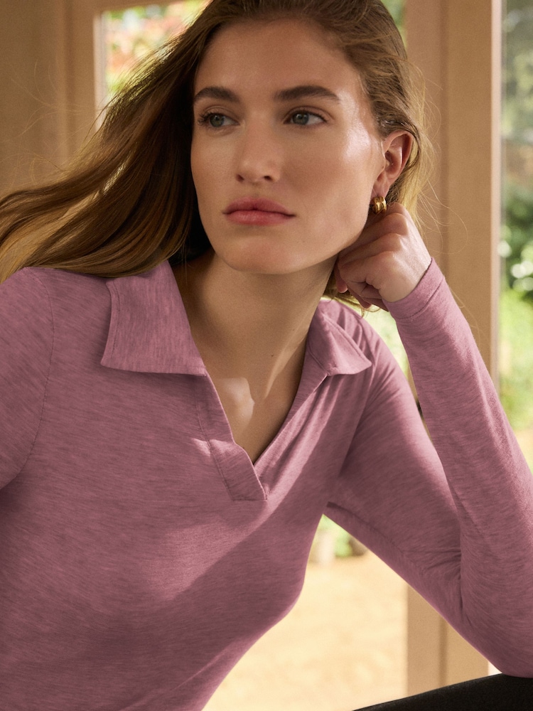 Mauve Purple N. Premium Open Collar Long Sleeve Top - Image 1 of 6 Mauve Purple N. Premium Open Collar Long Sleeve Top - Image 1 of 6
