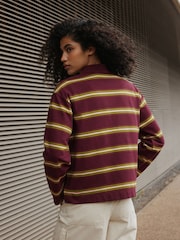 Berry Pink Stripe Long Sleeve Rugby Polo Top - Image 4 of 8