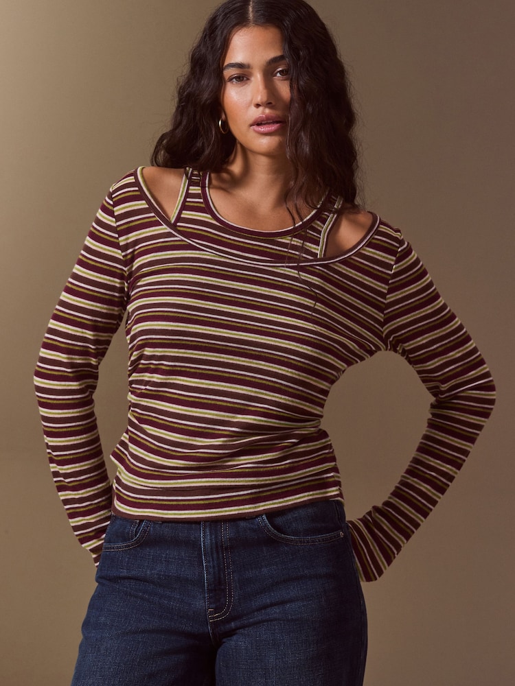 Brown Stripe Layered Long Sleeve Top - Image 1 of 5 Brown Stripe Layered Long Sleeve Top - Image 1 of 5