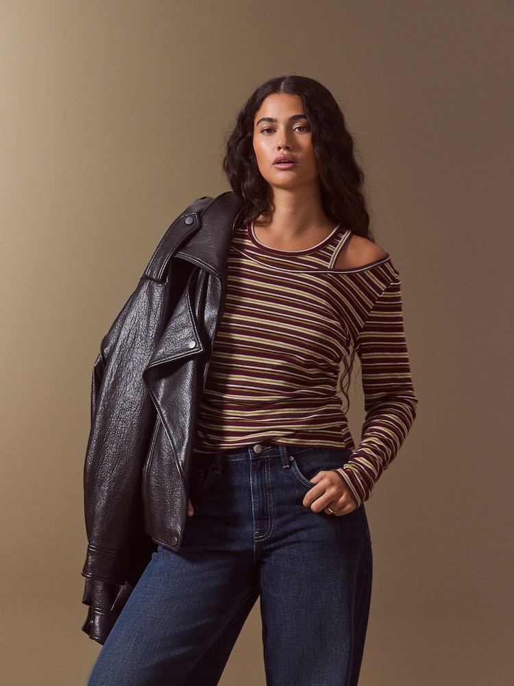 Brown Stripe Layered Long Sleeve Top - Image 2 of 5 Brown Stripe Layered Long Sleeve Top - Image 2 of 5
