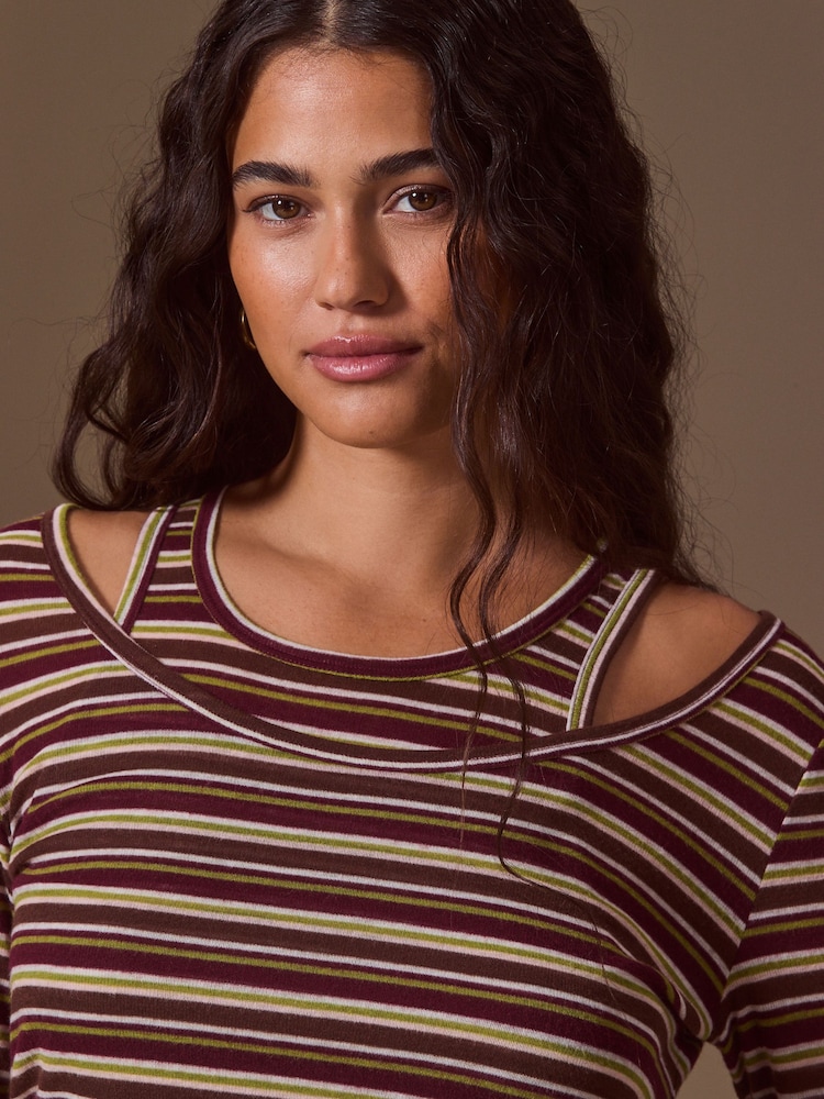 Brown Stripe Layered Long Sleeve Top - Image 5 of 5 Brown Stripe Layered Long Sleeve Top - Image 5 of 5