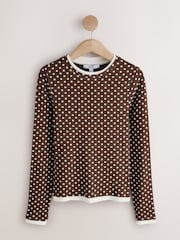Chocolate Brown Polka Dot Long Sleeve Layered Crew Neck T-Shirt - Image 1 of 3