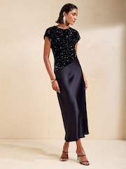 Friends Like These Black Asymmetric Sequin Satin Midi Dress - Image 4 of 7