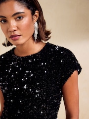 Friends Like These Black Asymmetric Sequin Satin Midi Dress - Image 6 of 7