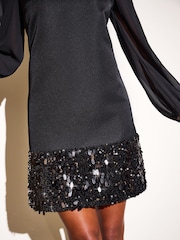 Itim - Friends Like These Satin Long Sleeve may sequins Hem Mini Dress - Larawan 2 ng 5