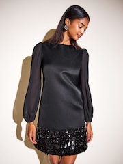 Itim - Friends Like These Satin Long Sleeve may sequins Hem Mini Dress - Larawan 3 ng 5