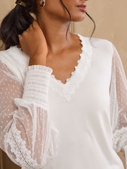 Love & Roses Ivory Spot Mesh Long Sleeve V-Neck Top - Image 2 of 5