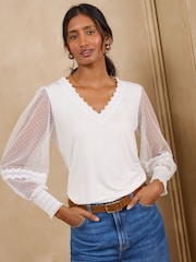 Love & Roses Ivory Spot Mesh Long Sleeve V-Neck Top - Image 4 of 5