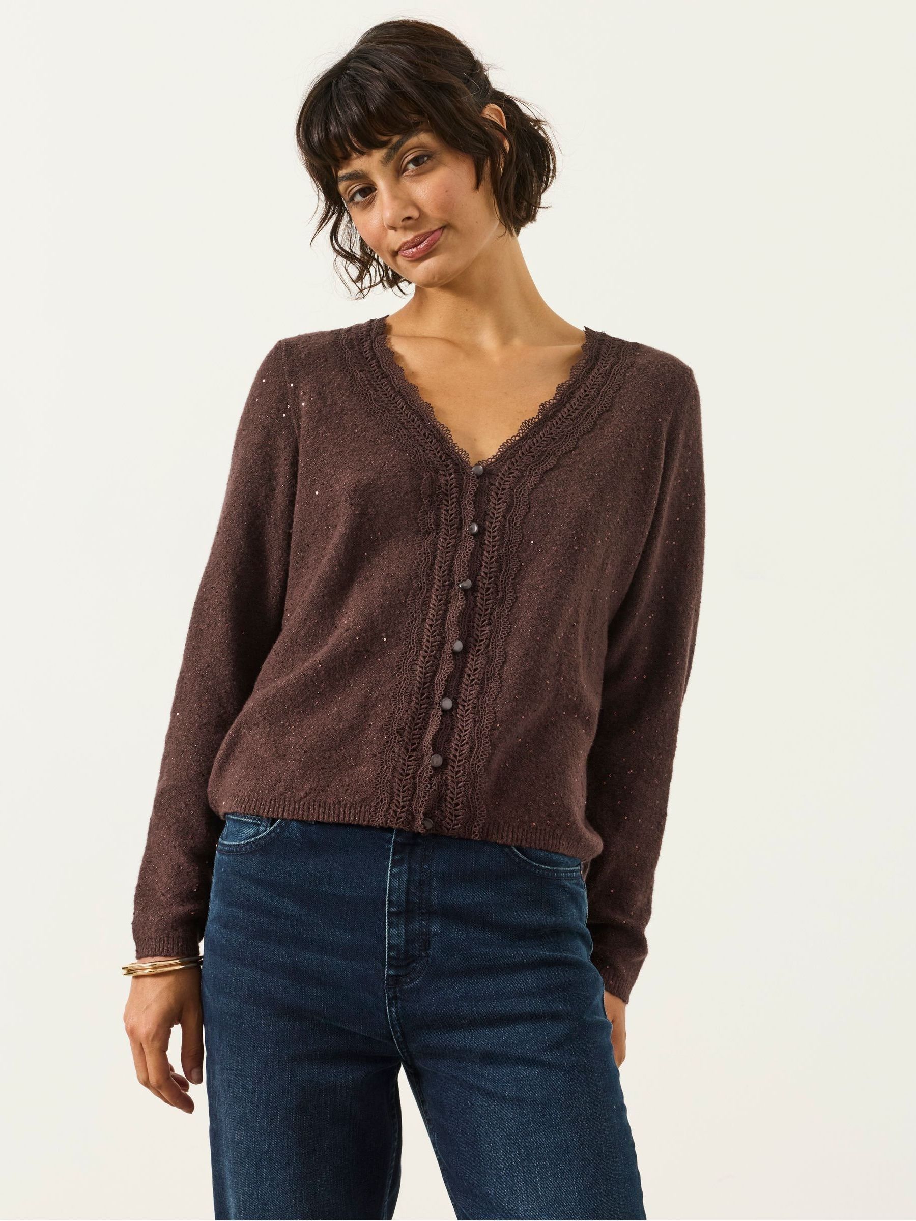 Fatface Skylar Chocolate Brown Knitted Sequin Sparkle Lace Cardigan