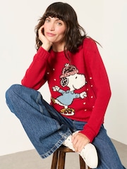 FatFace Red Snoopy Knitted Crew Christmas Jumper - Image 1 of 10