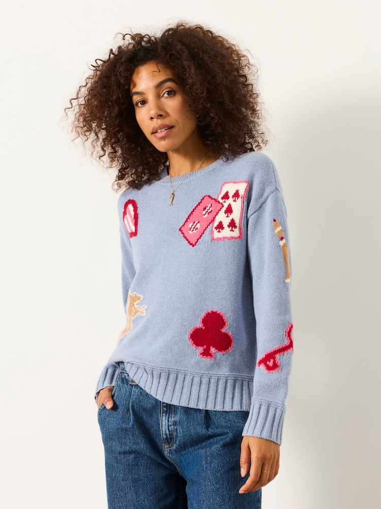 FatFace Blue Knitted Card Motif Crew Jumper - Image 1 of 5 FatFace Blue Knitted Card Motif Crew Jumper - Image 1 of 5