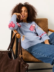 FatFace Blue Knitted Card Motif Crew Jumper - Image 4 of 5