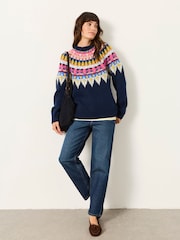 FatFace Navy Knitted Fantasy Fairisle Crew Jumper - Image 3 of 6
