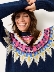 FatFace Navy Knitted Fantasy Fairisle Crew Jumper - Image 5 of 6