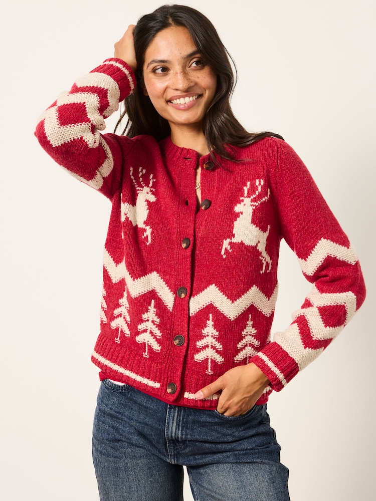 FatFace Red Reindeer Knitted Crew Christmas Cardigan - Image 1 of 5 FatFace Red Reindeer Knitted Crew Christmas Cardigan - Image 1 of 5
