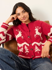 FatFace Red Reindeer Knitted Crew Christmas Cardigan - Image 3 of 5
