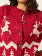 FatFace Red Reindeer Knitted Crew Christmas Cardigan - Image 4 of 5