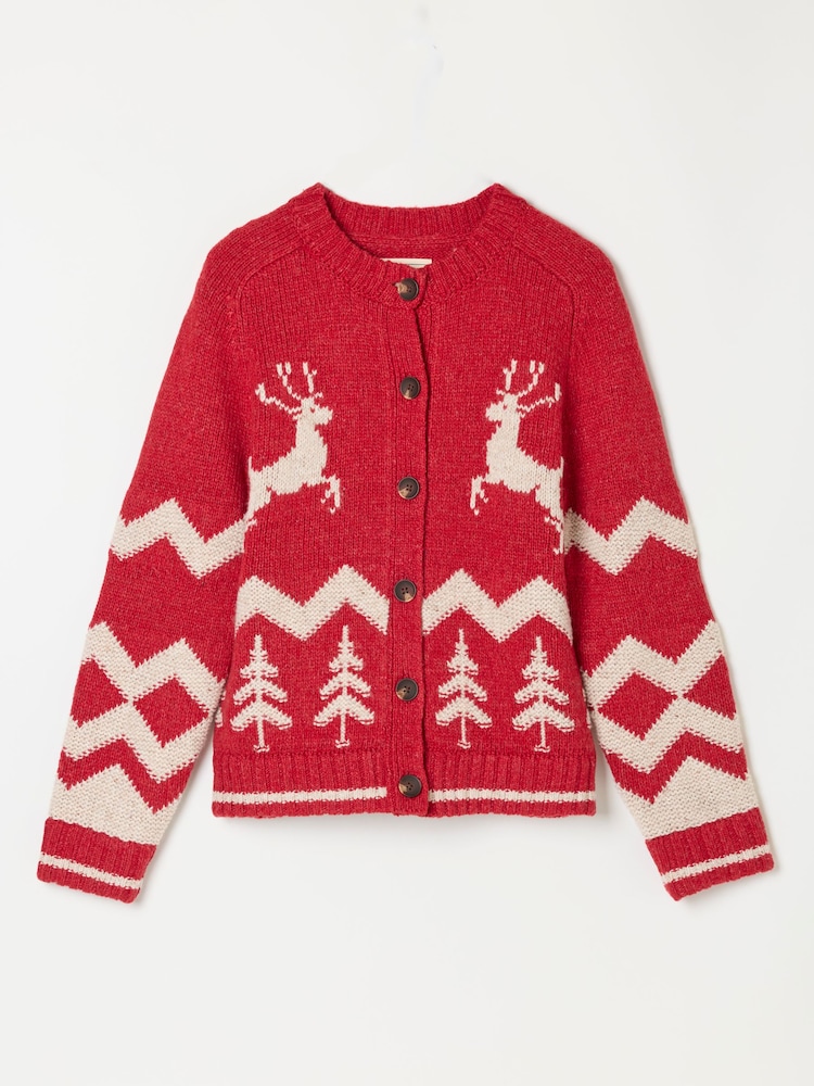 FatFace Red Reindeer Knitted Crew Christmas Cardigan - Image 5 of 5 FatFace Red Reindeer Knitted Crew Christmas Cardigan - Image 5 of 5