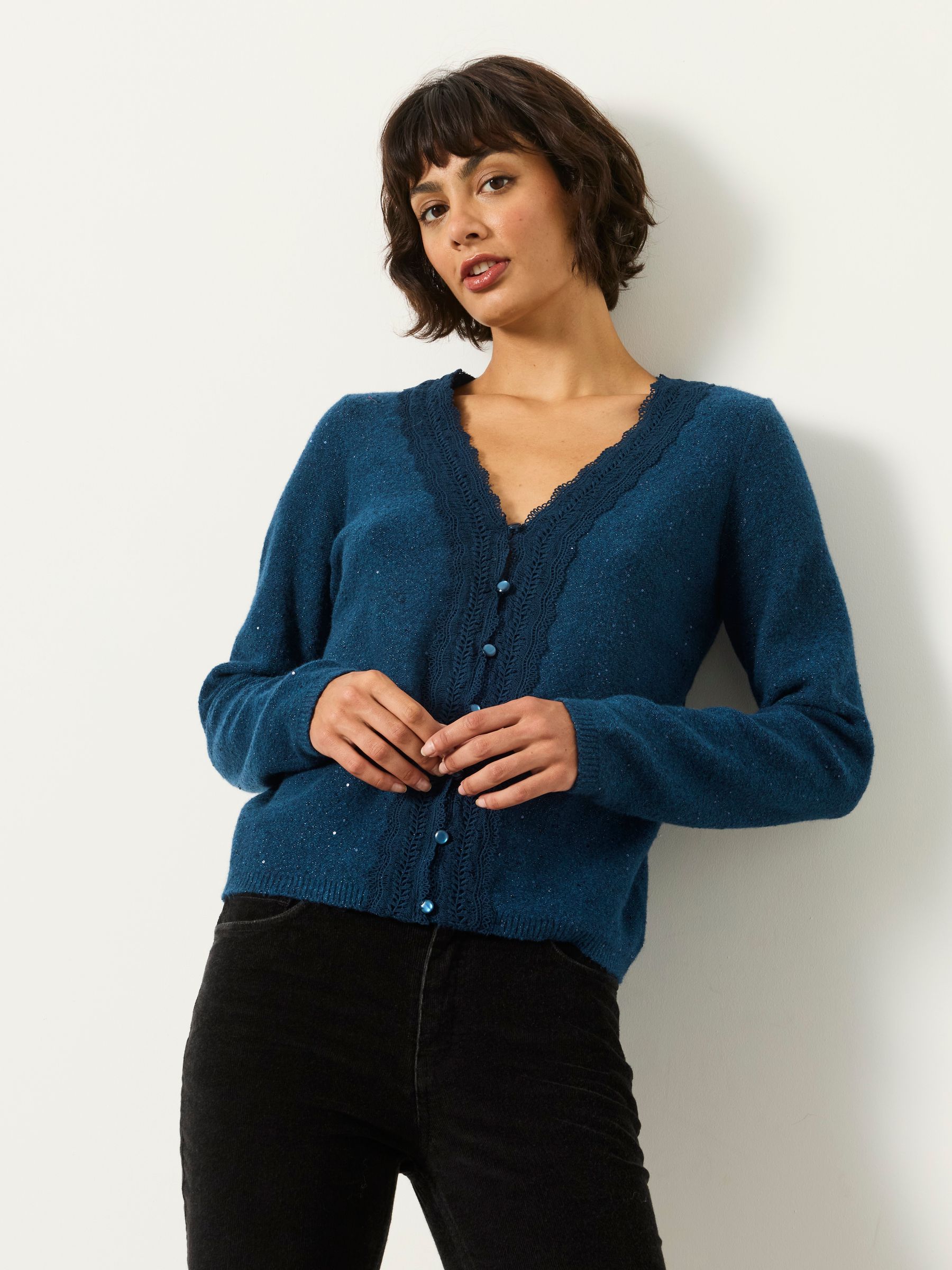 Fatface Skylar Teal Blue Knitted Sequin Sparkle Lace Cardigan