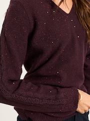 FatFace Skylar Burgundy Red Knitted Sequin Sparkle Lace Tunic - Image 4 of 6