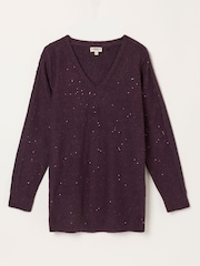 FatFace Skylar Burgundy Red Knitted Sequin Sparkle Lace Tunic - Image 6 of 6