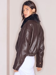 Lipsy Chocolate Brown Faux Leather Bomber Jacket - Image 5 of 6