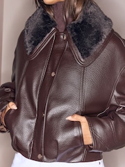Lipsy Chocolate Brown Faux Leather Bomber Jacket - Image 6 of 6