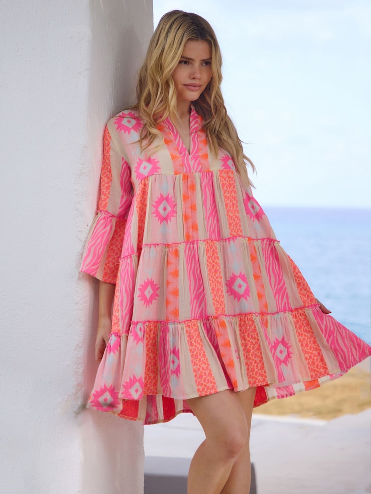 South Beach Pink Jaquard Long Sleeve Mini Dress - Image 1 of 6